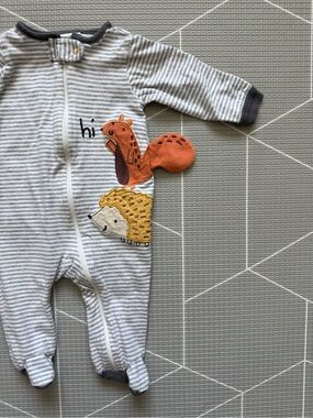 Gerber|Baby boy Striped Grey & White  One-Piece footies,Orange Squirrel Applique